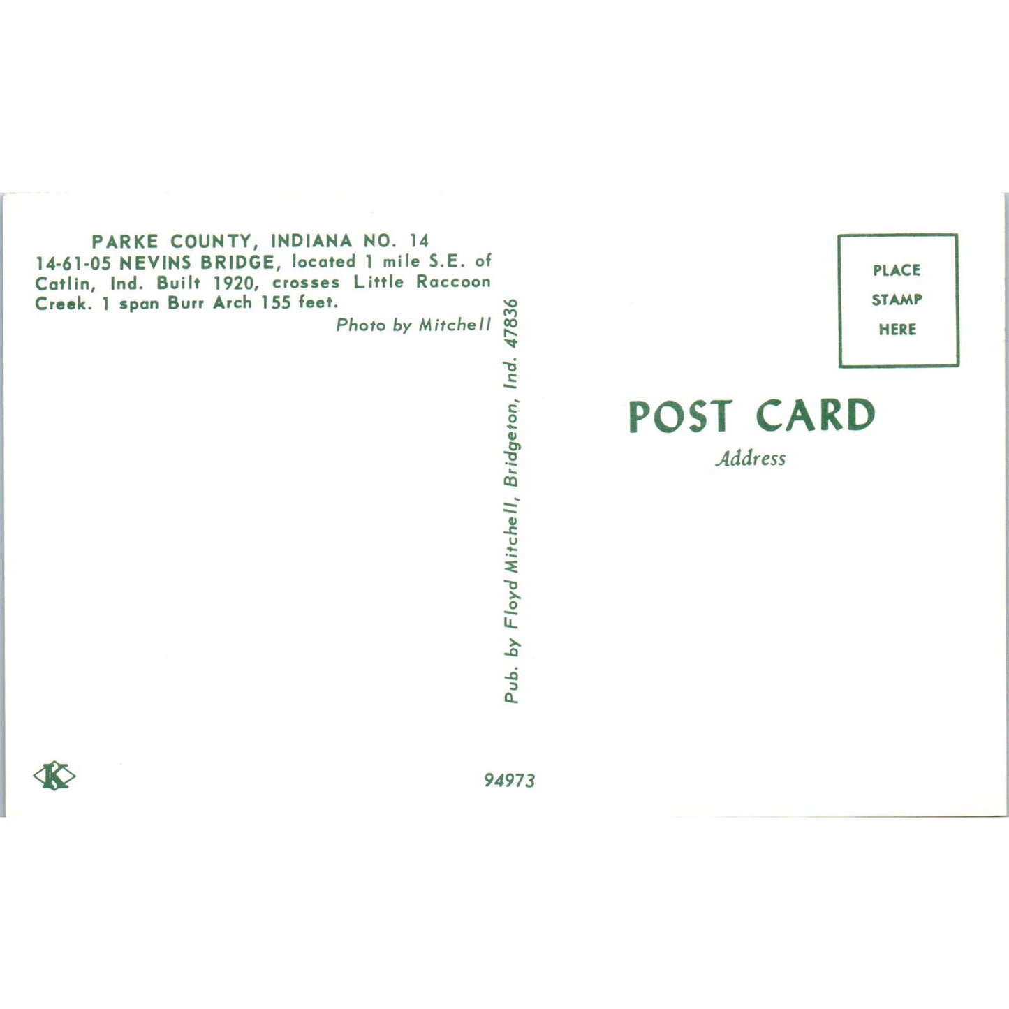 Nevins Bridge Parke County Indiana #14 Covered Bridge Postcard PB10