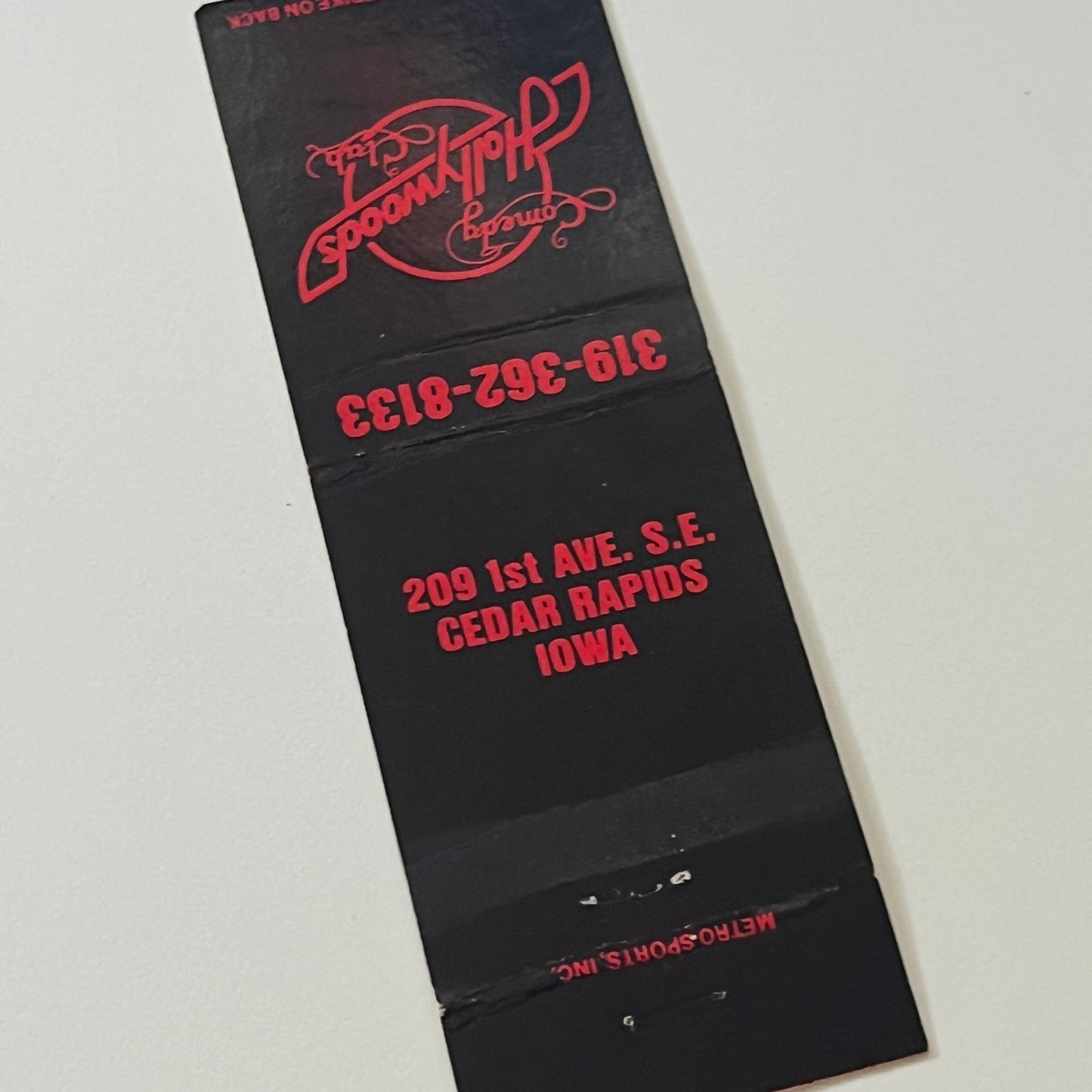 Hollywood Comedy Club Cedar Rapids Iowa Vintage Matchbook Cover TB6-MB2-6