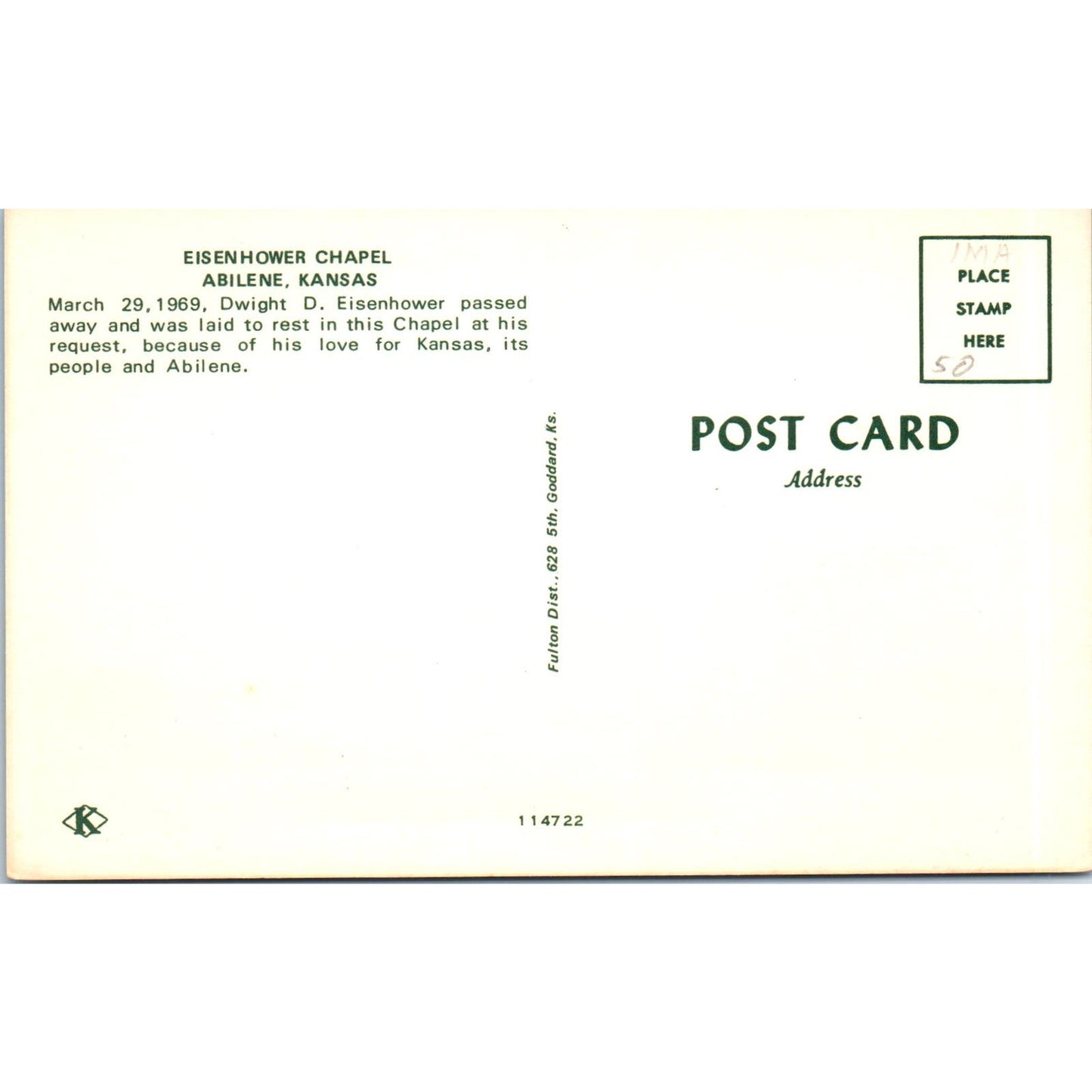 President Eisenhower Chapel Abilene Kansas Vintage Postcard PC17