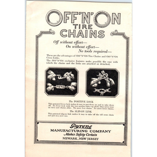 Off'n'On Tire Chains Pyrene Mfg Co Newark New Jersey 1924 Magazine ad D23