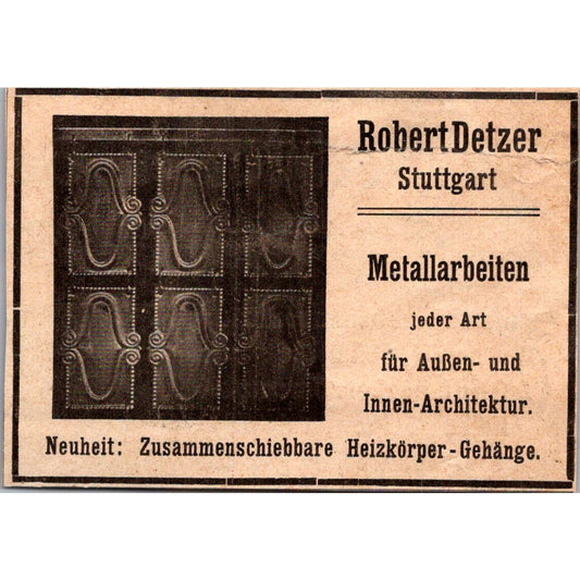 Robert Detzer Stuttgart Metallarbeiten Architektur 1906 German Ad AH9-H1