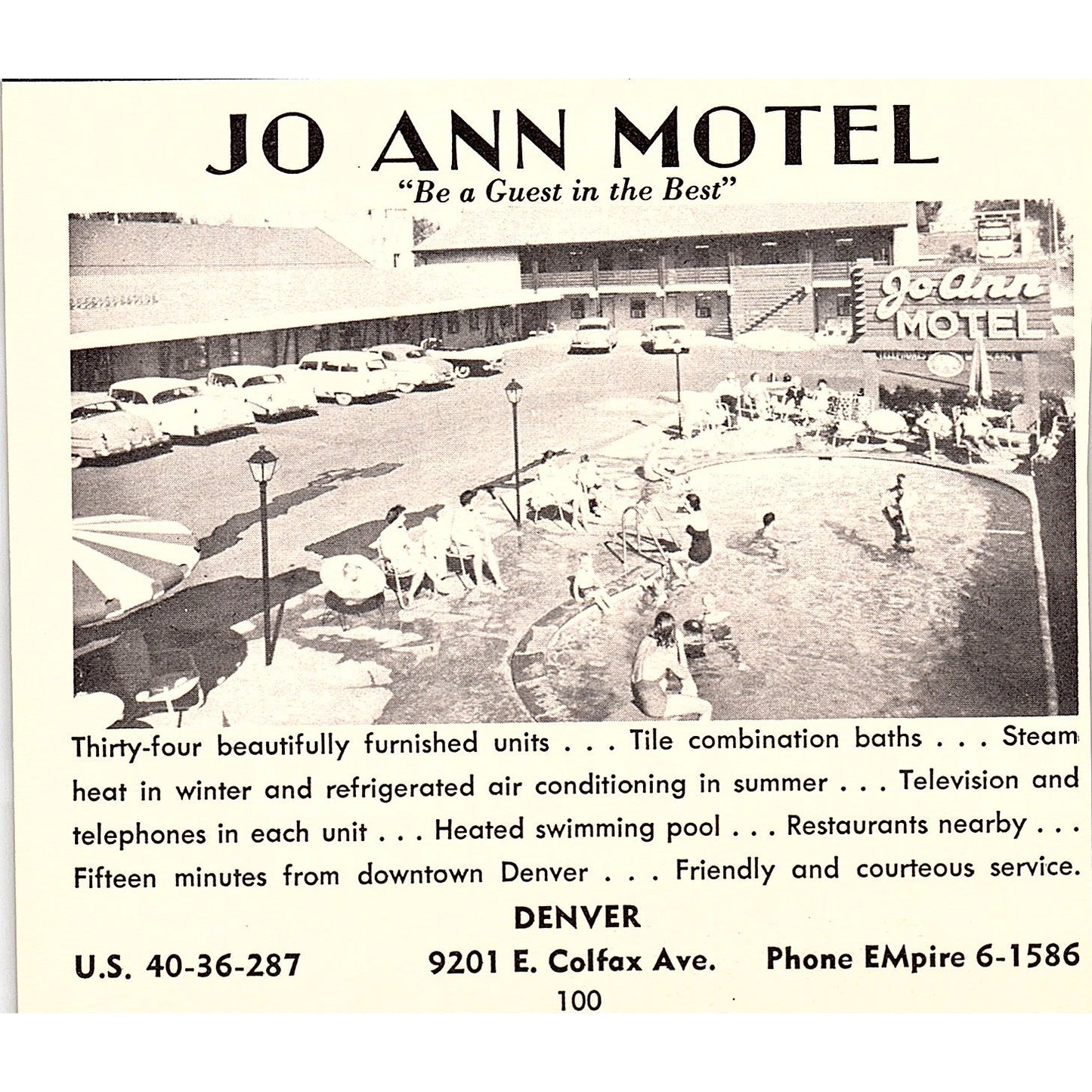 Holiday Chalet Apartment Hotel, Jo Ann Motel Denver CO 1958 Ad AG1-H1