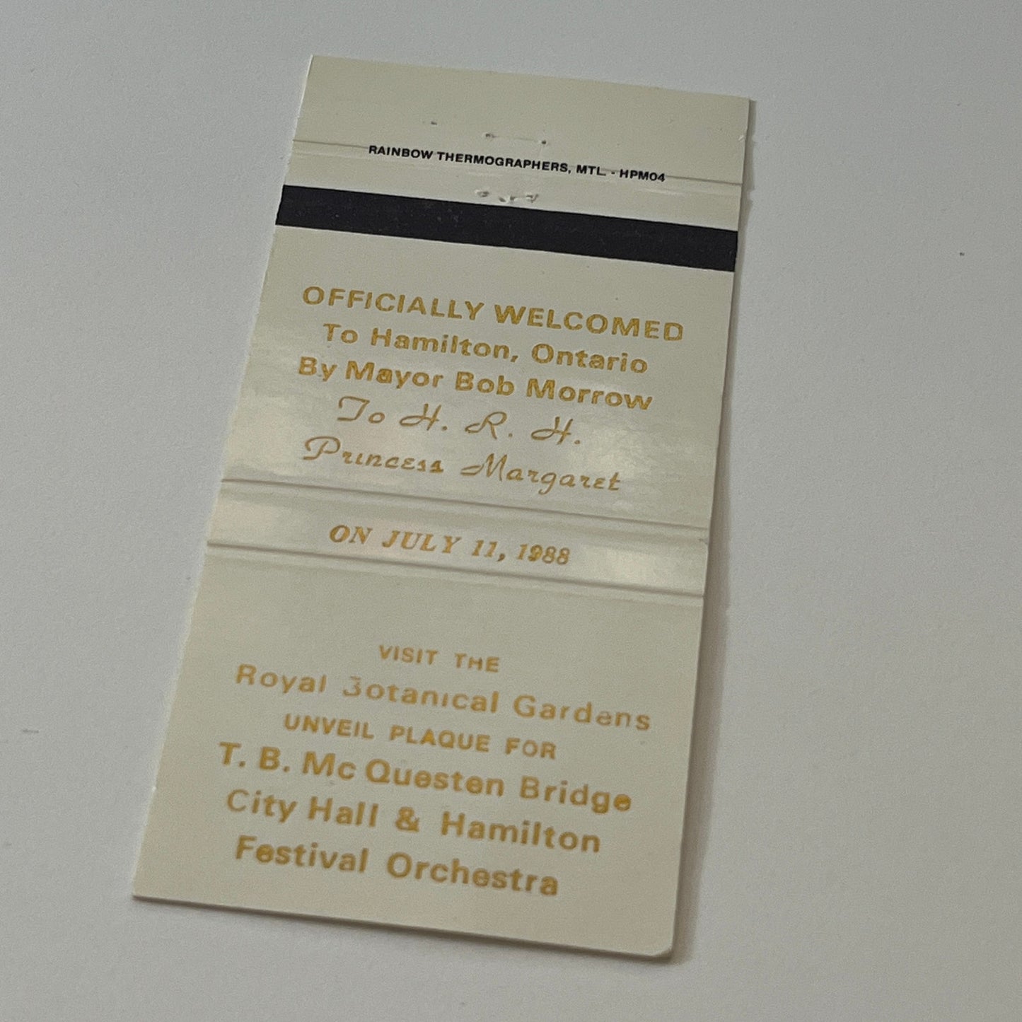 1988 Royal Botanical Gardens Hamilton ONT Plaque Unveiling Matchbook TB6-MB2-6