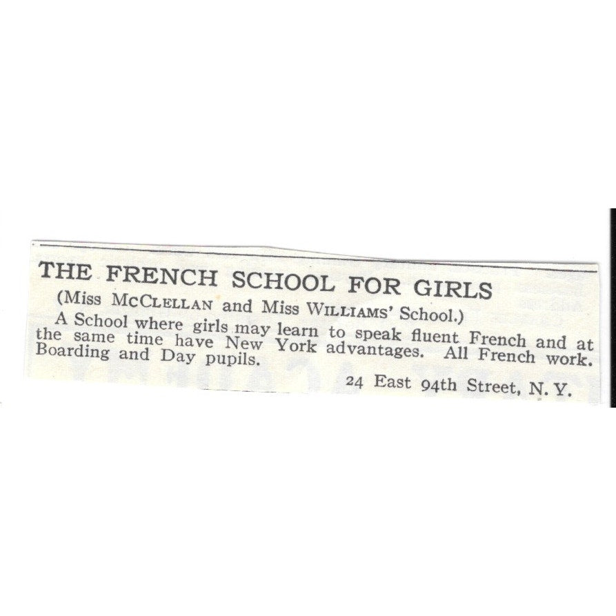 The French School for Girls 24 E 94th St NY McClellan & Williams 1920 Ad SAG4-S5