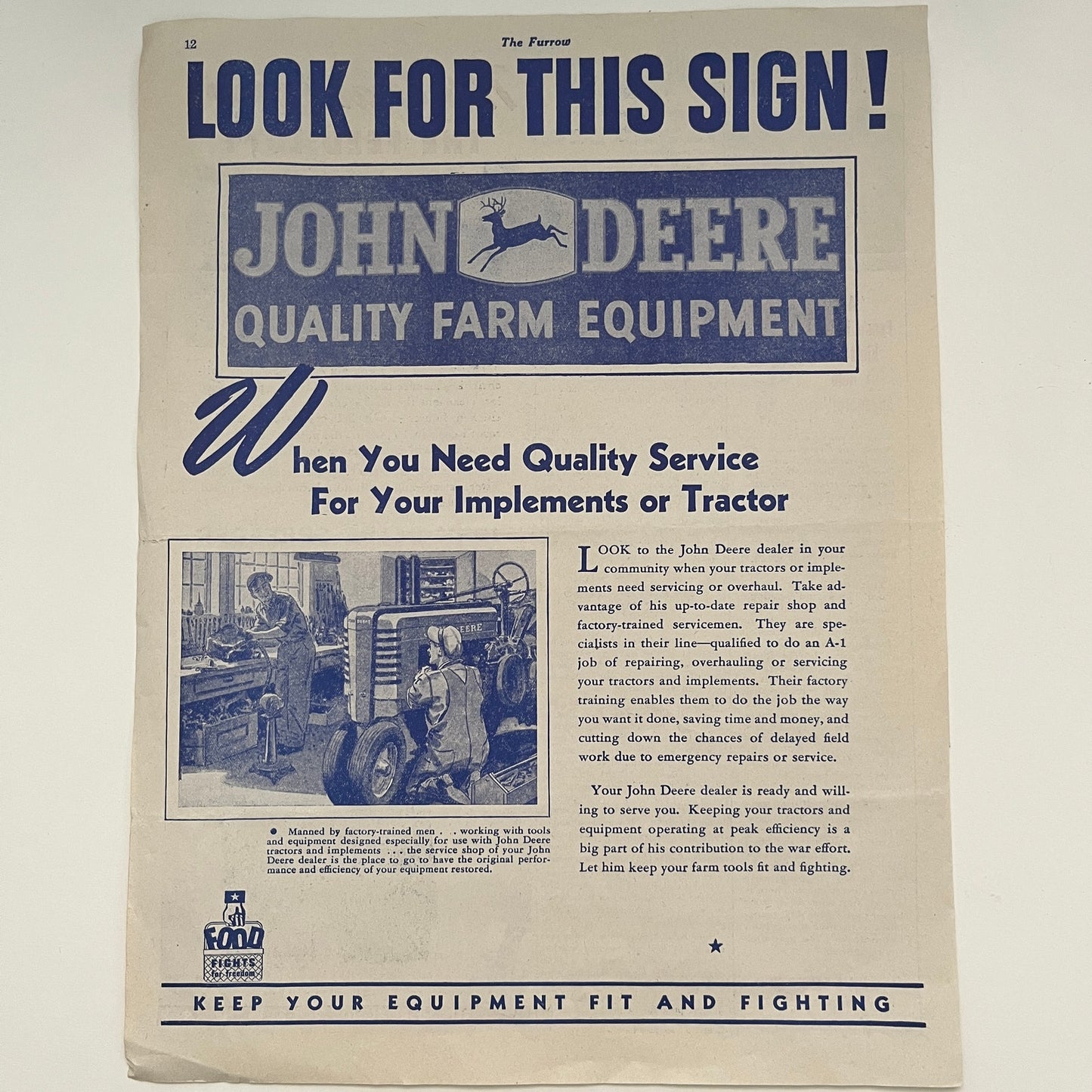 John Deere Look For This Sign WWII War Effort Homefront 1944 WWII Ad V26-4