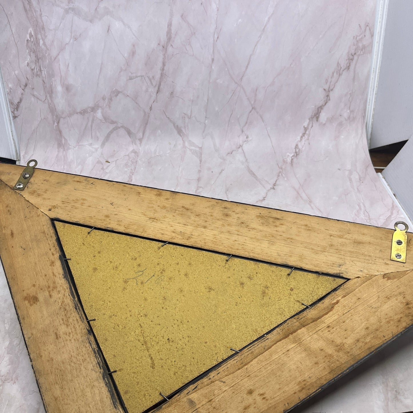 Antique Art Deco Tiger Oak Veneer Triangle Framed Mirror Hat Rack 27x13"