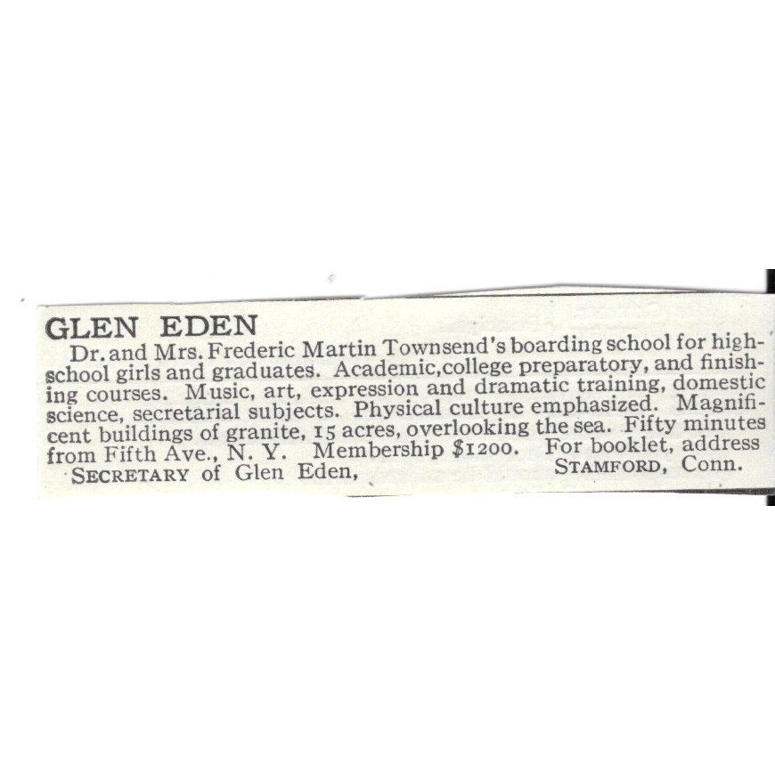 Glen Eden Stamford CT Dr. and Mrs. Frederic Martin Townsend c1920 Ad AG4-S6