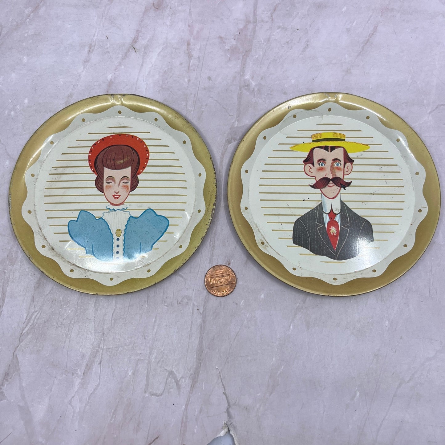 Retro Kitsch Tin Copper plates Victorian Man & Woman Handlebar Mustache 5" SF4