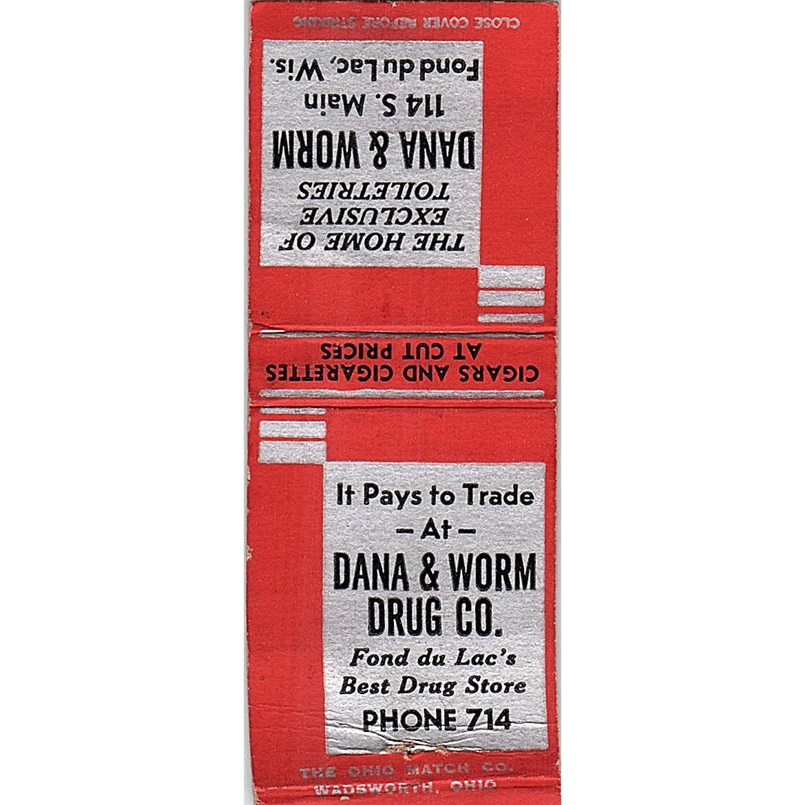 Dana & Worm Drug Co Fond Du Lac WI Vintage Matchbook Cover SF3-Y1