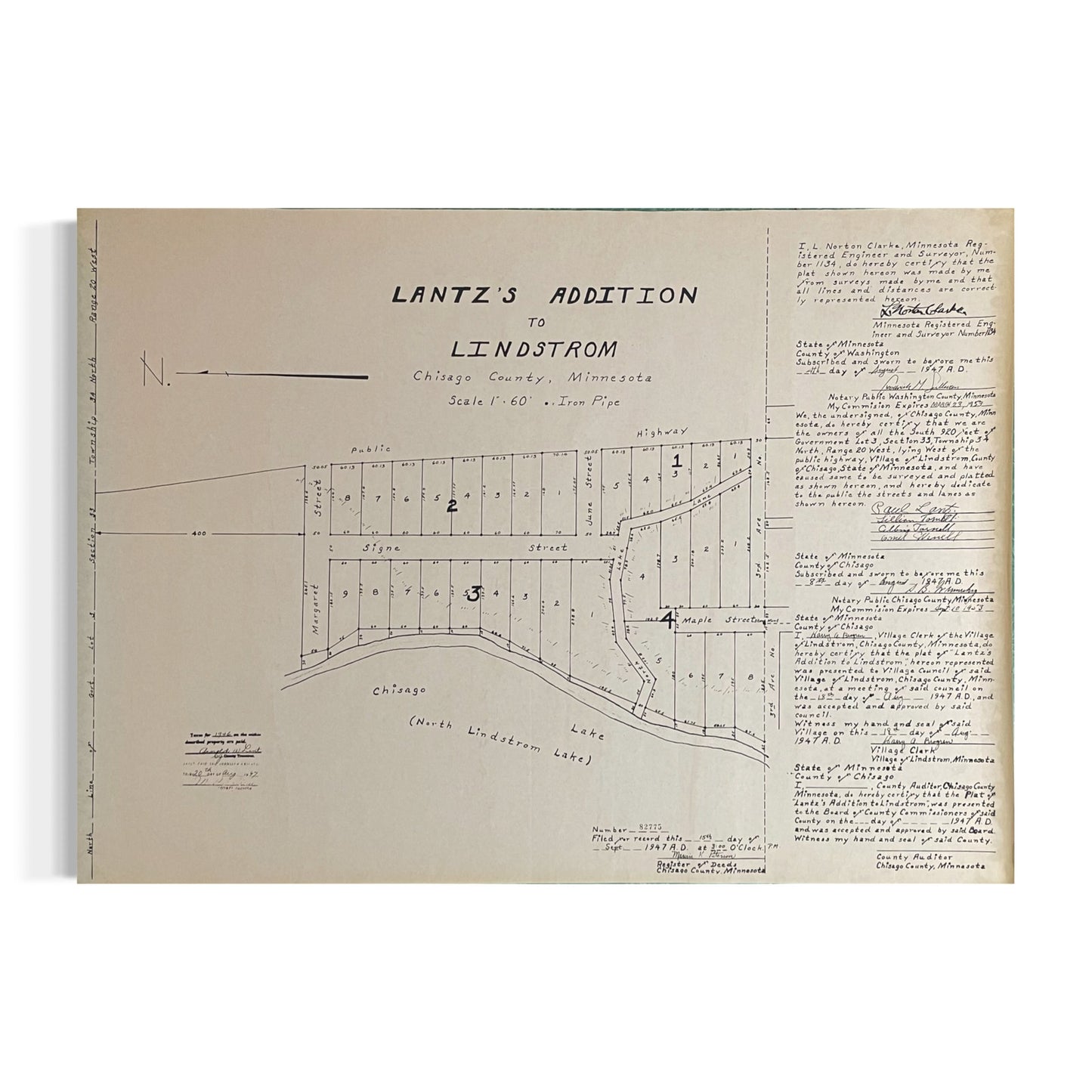 Lantz's Addition to Lindstrom Chisago County MN Vintage Plat Map RM1