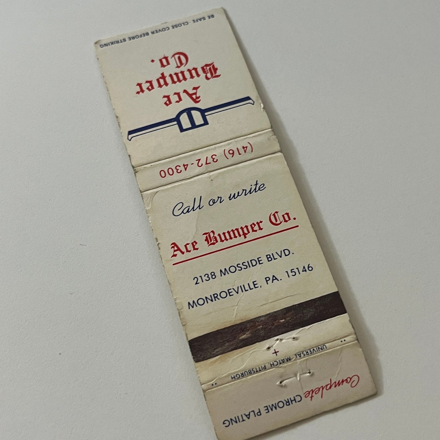 Ace Bumper Co Monroeville PA Vintage Matchbook Cover TB6-MB2-5