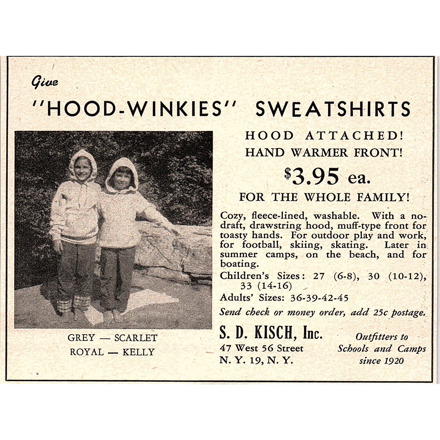 S.D. Kisch, Inc. Hood-Winkies New York NY 1952 Yankee Magazine Ad SAG5-H8