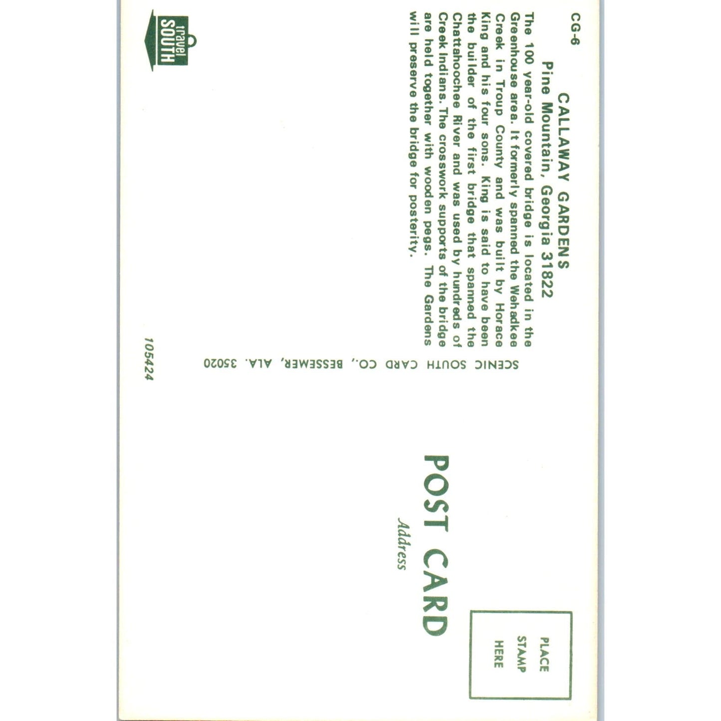 Callaway Gardens Pine Mountain GA Vintage Covered Bridge Postcard PC11