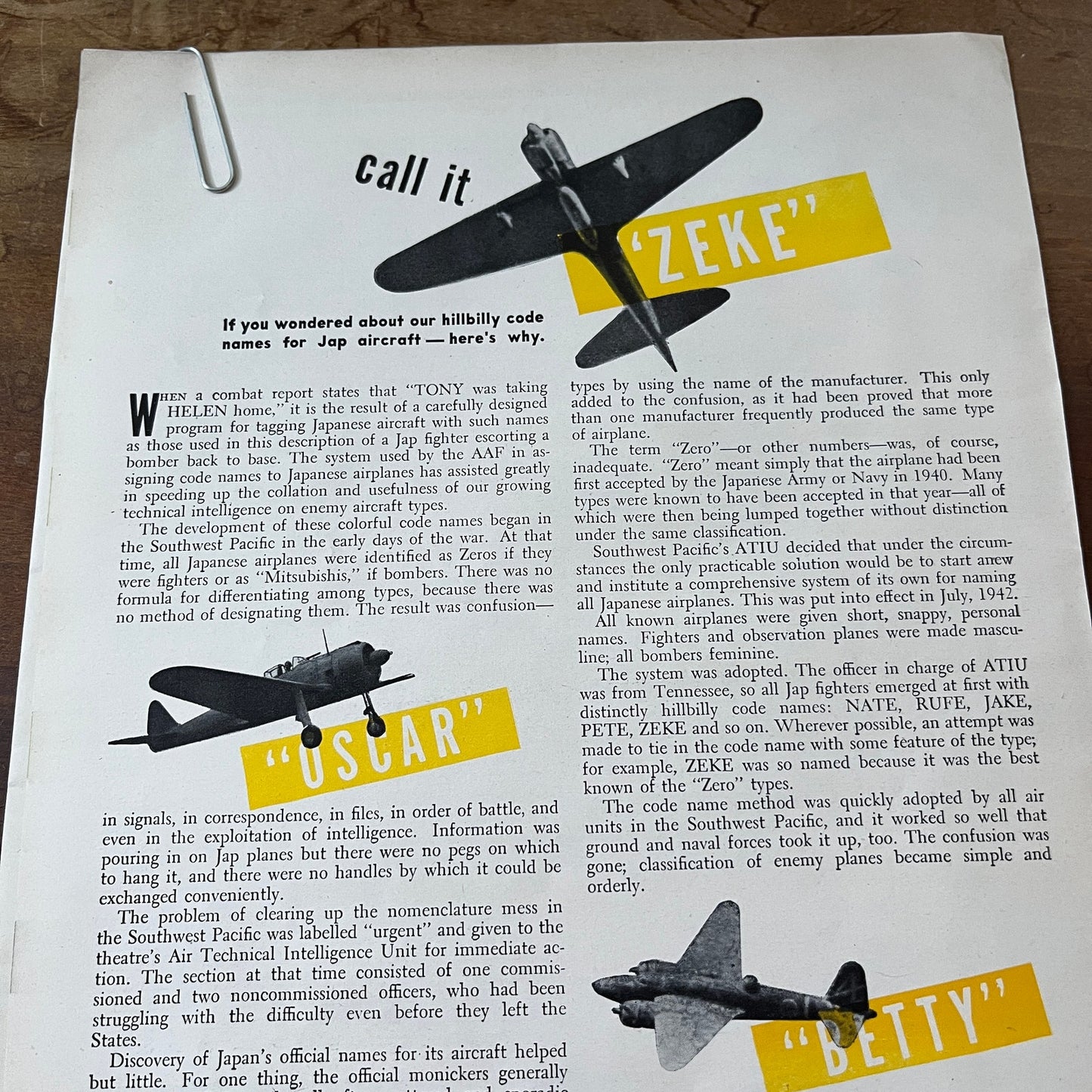 Hillbilly Code Names for Japanese Aircraft 2 Pages 1944 WWII Article AG2-3