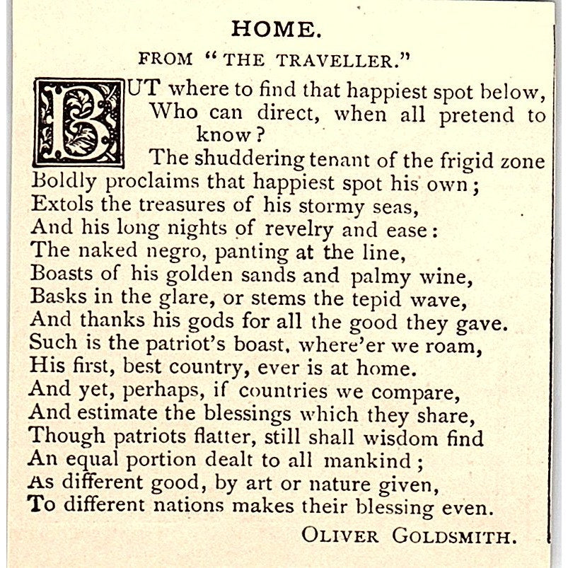 Home - From The Traveller - Oliver Goldsmith 1884 Poem AG3-M1