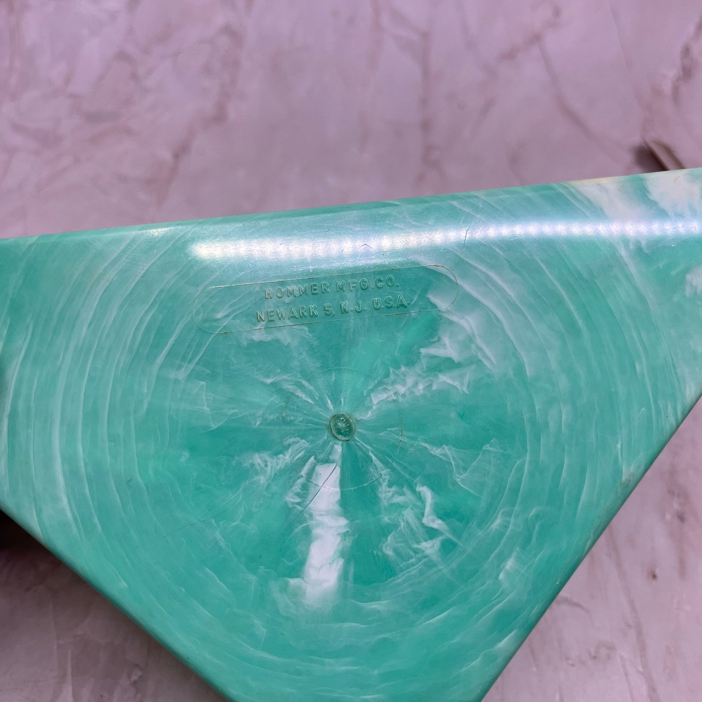Vintage Hommer Triangular Plastic Hankie Vanity Box Ballerina Teal Celluloid TG8