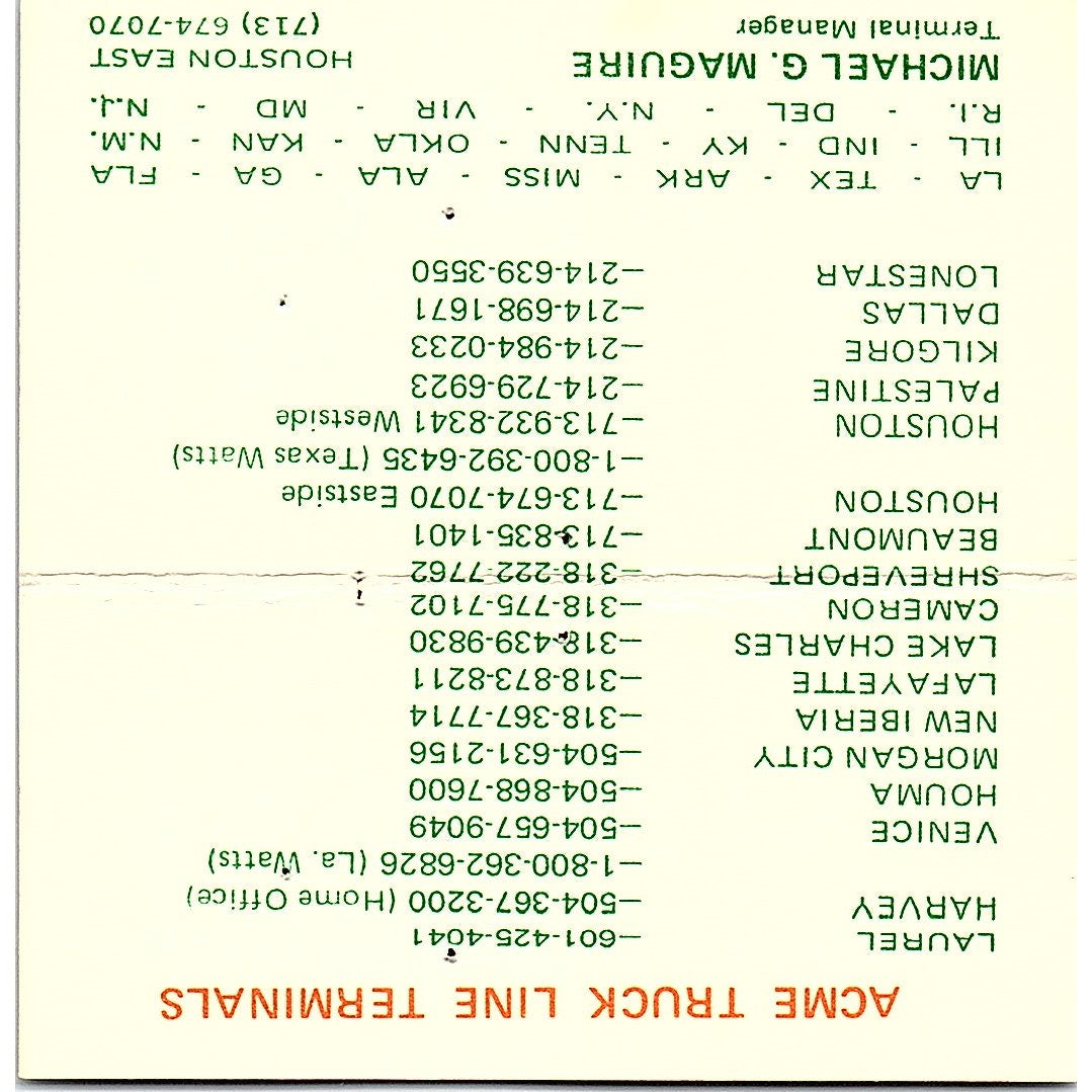 Acme Truck Line Terminals Michael G Maguire Houston Texas Business Card SB4-B6