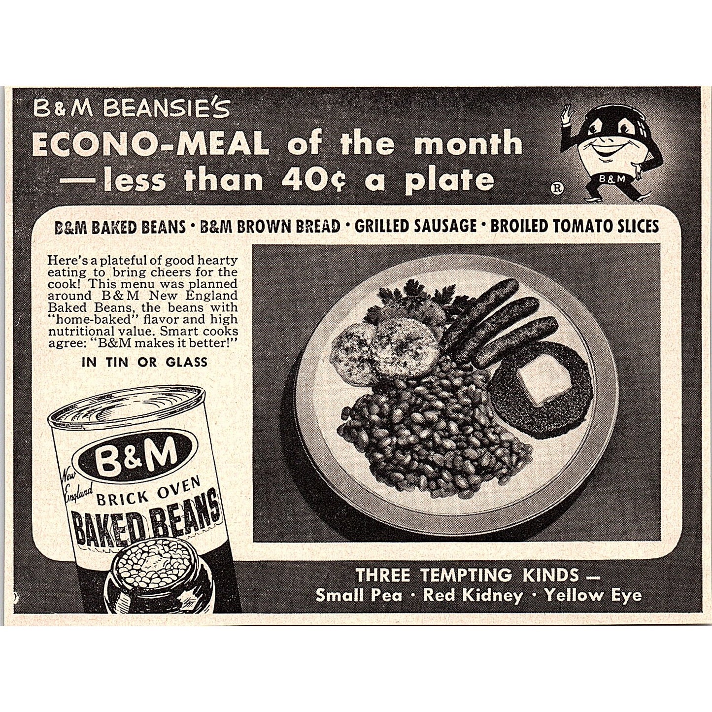 B&M Brick Oven Baked Beans Beansie's 1952 Yankee Magazine Ad SAG5-H8