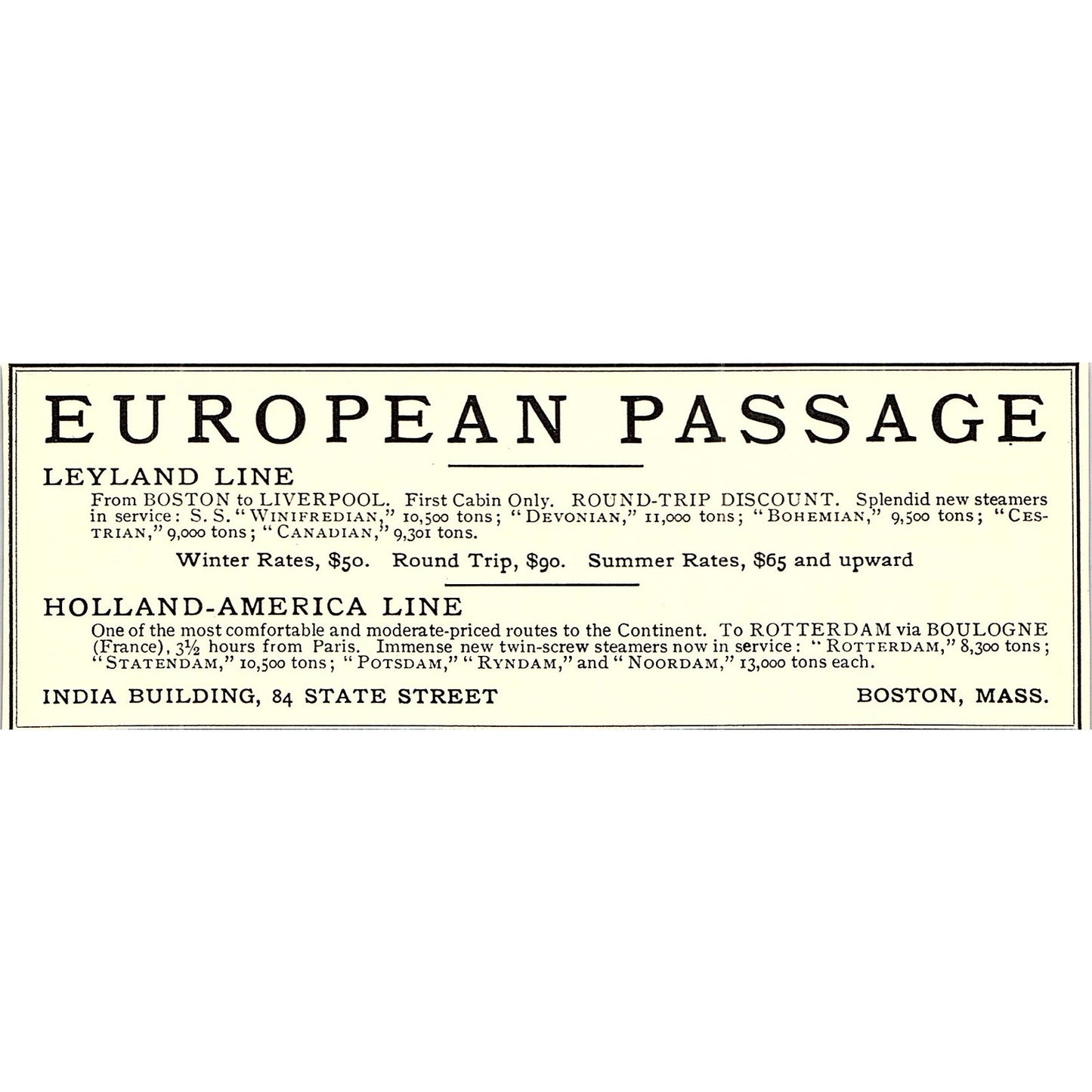 Holland-America Line, Leyland Line European Travel Boston - 1904 Ad AF5-2