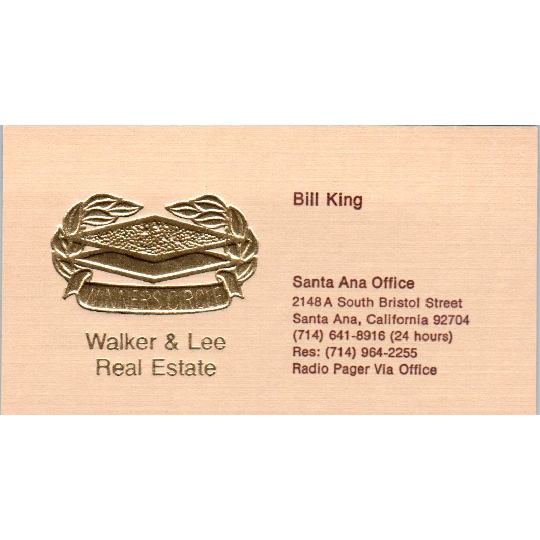Bill King Walker & Lee Real Estate Santa Ana CA Vintage Business Card SD8-B2