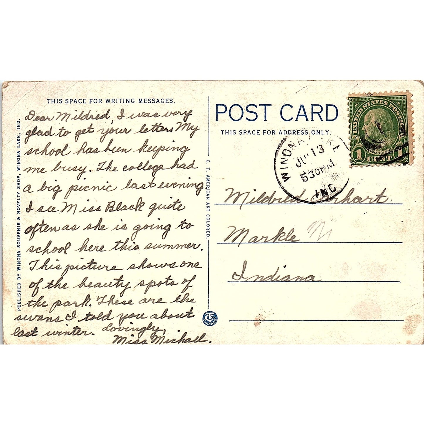 Swan Lagoon Winona Lake Indiana c1910 Antique Postcard AG6-M3