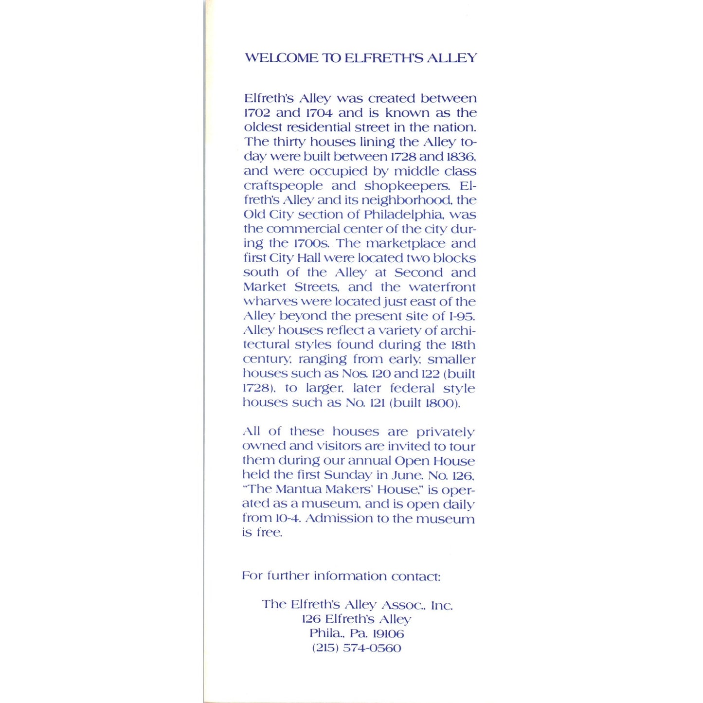 1970s Elfreth's Alley Philadelphia PA Information Leaflet TF4-BB