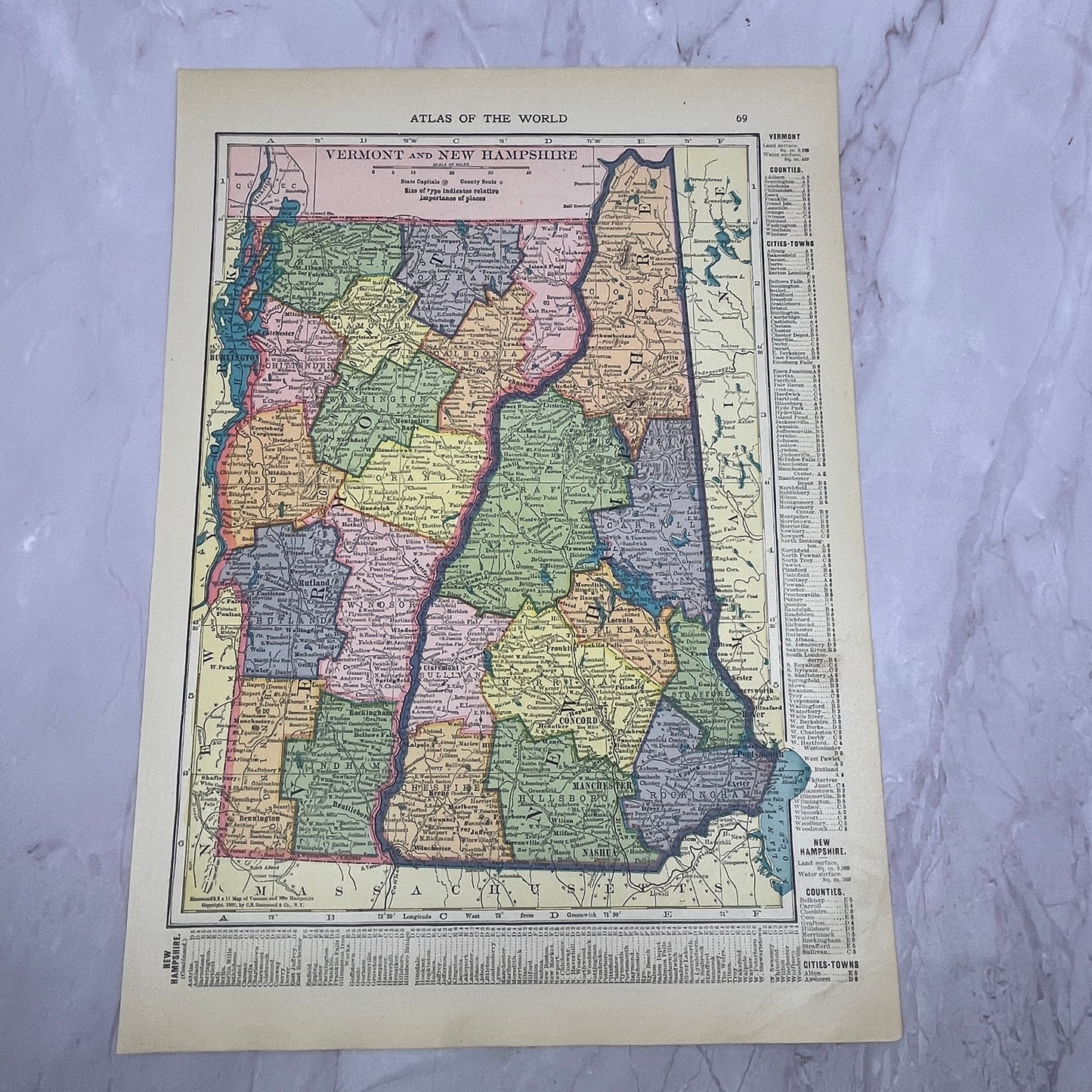 Map of Vermont and New Hampshire 1910 Print V14-7