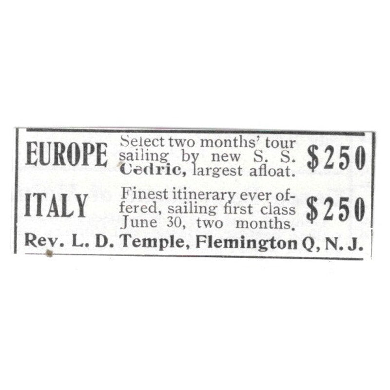 Europe Italy Tour Rev L.D. Temple Flemington Q NJ 1903 Ad AF8-S39