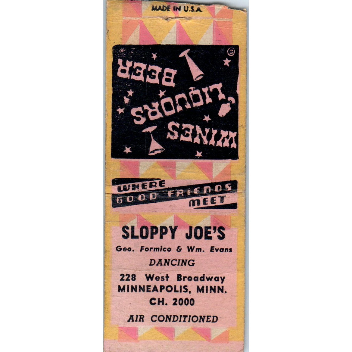 Sloppy Joe's West Broadway Minneapolis Vintage Matchbook Cover SD4-Y17