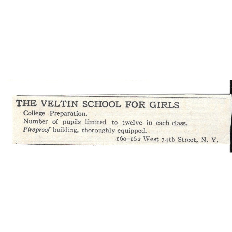 The Veltin School for Girls 160-162 W 74th St, NY c1920 Harper’s Ad AG4-S1