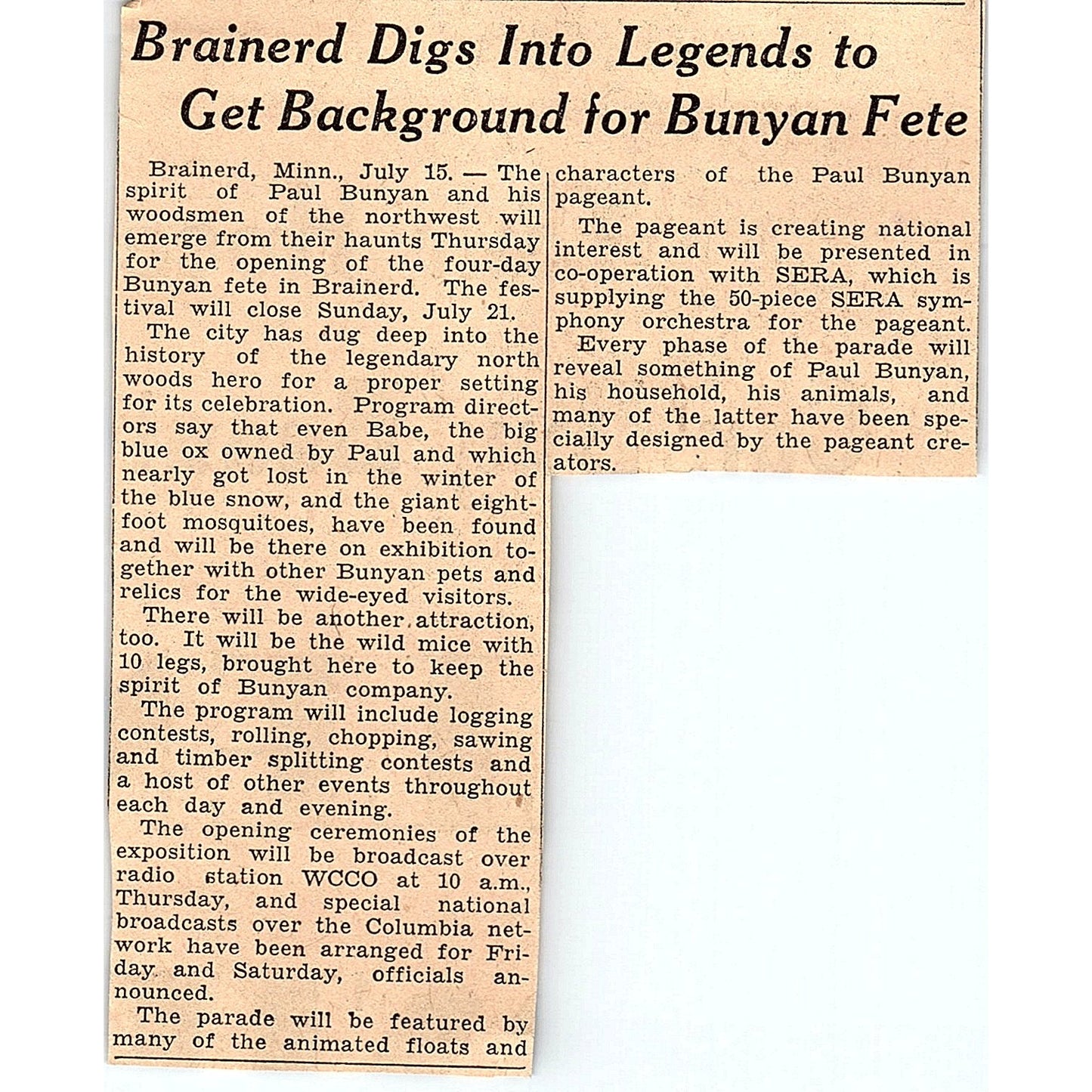 Brainerd MN Paul Bunyan Fete 1935 Newspaper Article AG6-M3