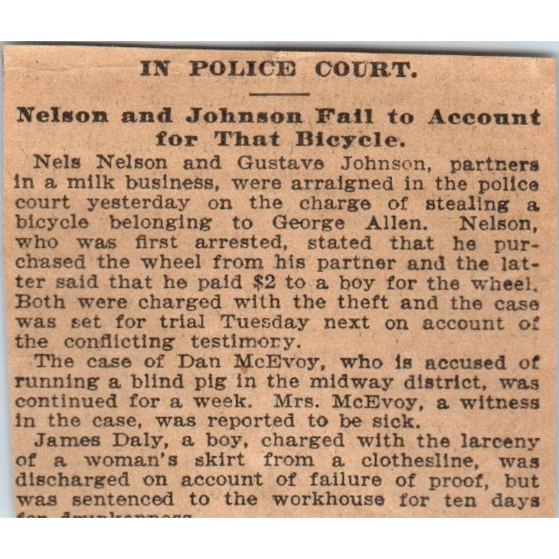 Nels Nelson, Gustave Johnson Charged with Bicycle Theft St. Paul 1898 Ad AF2-Q3