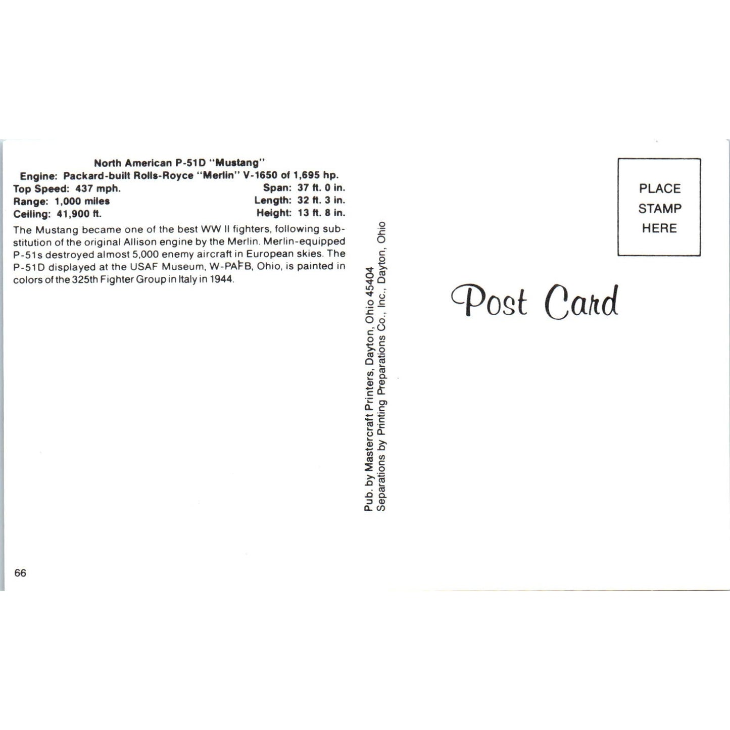 North American P-51D Mustang Vintage Postcard TG8-PC