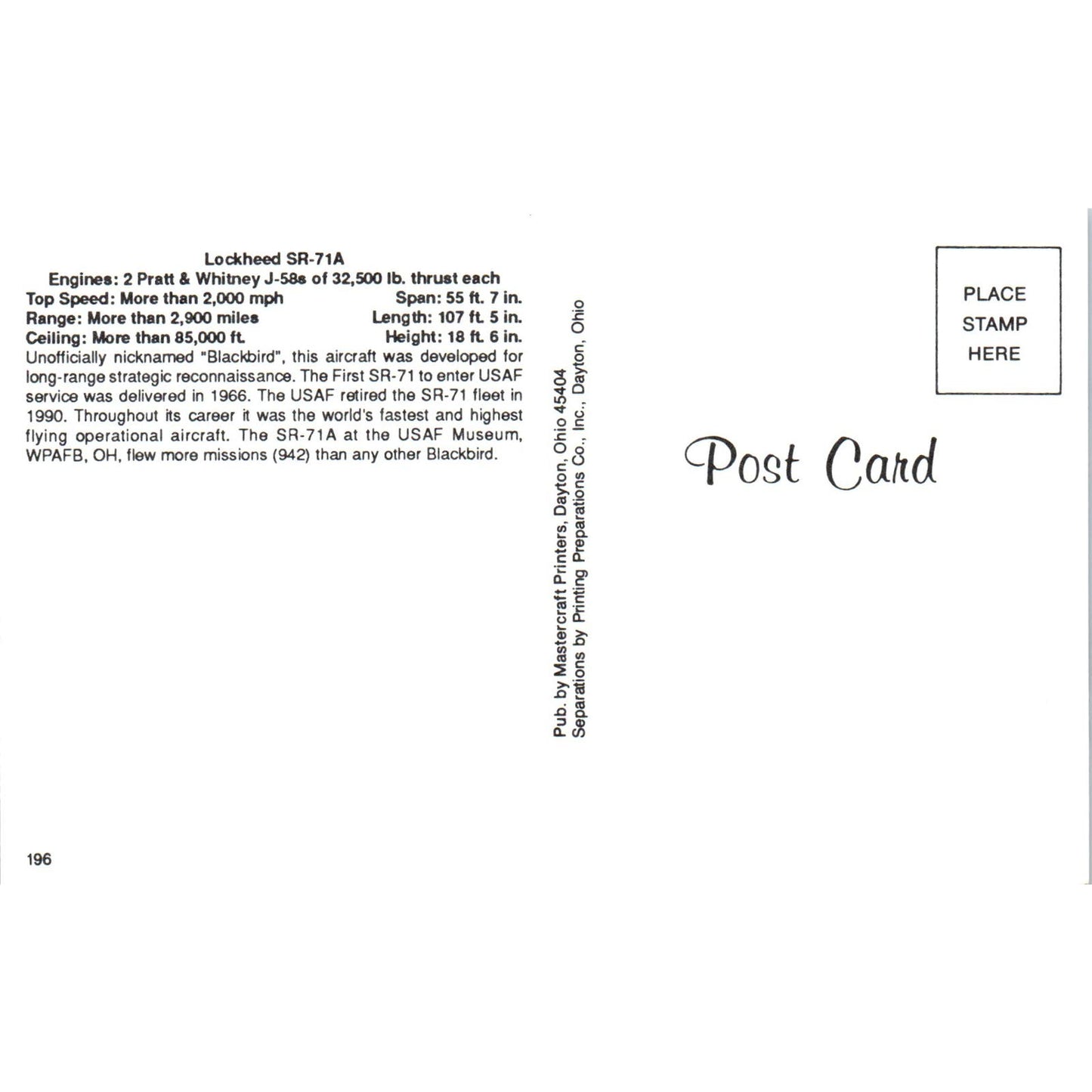 Lockheed SR-71A Vintage Postcard PC19