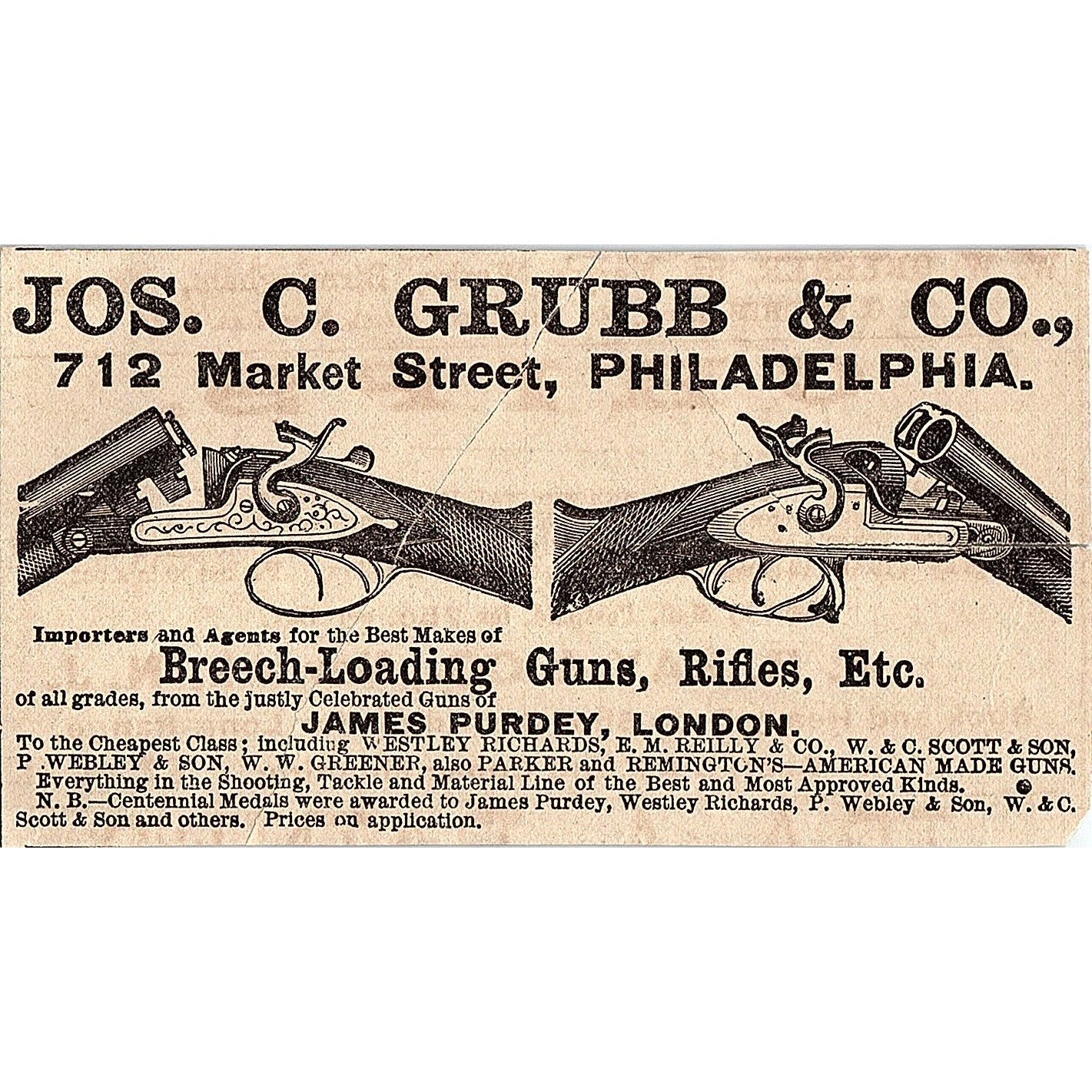 Jos. C. Grubb & Co Breech Loading Guns Philadelphia James Purdey 1878 Ad AG2-H4