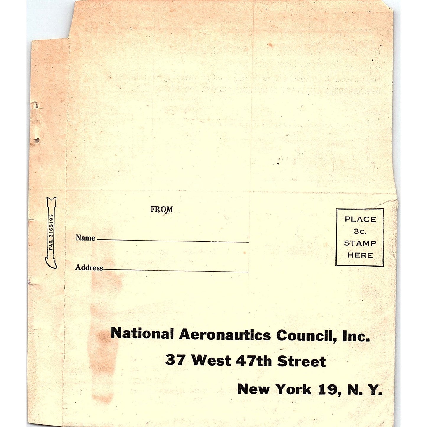 1943 National Aeronautics Council Postal Mailing Card NY AG6-11