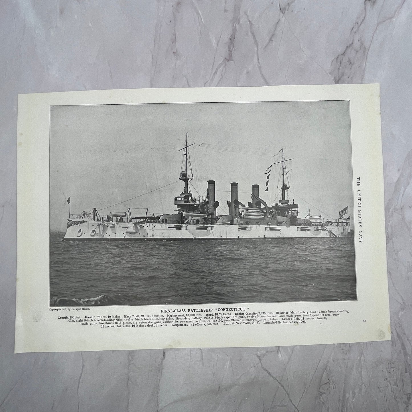 First Class Battleship Louisiana & Connecticut Double Sided 1910 Print V14-7
