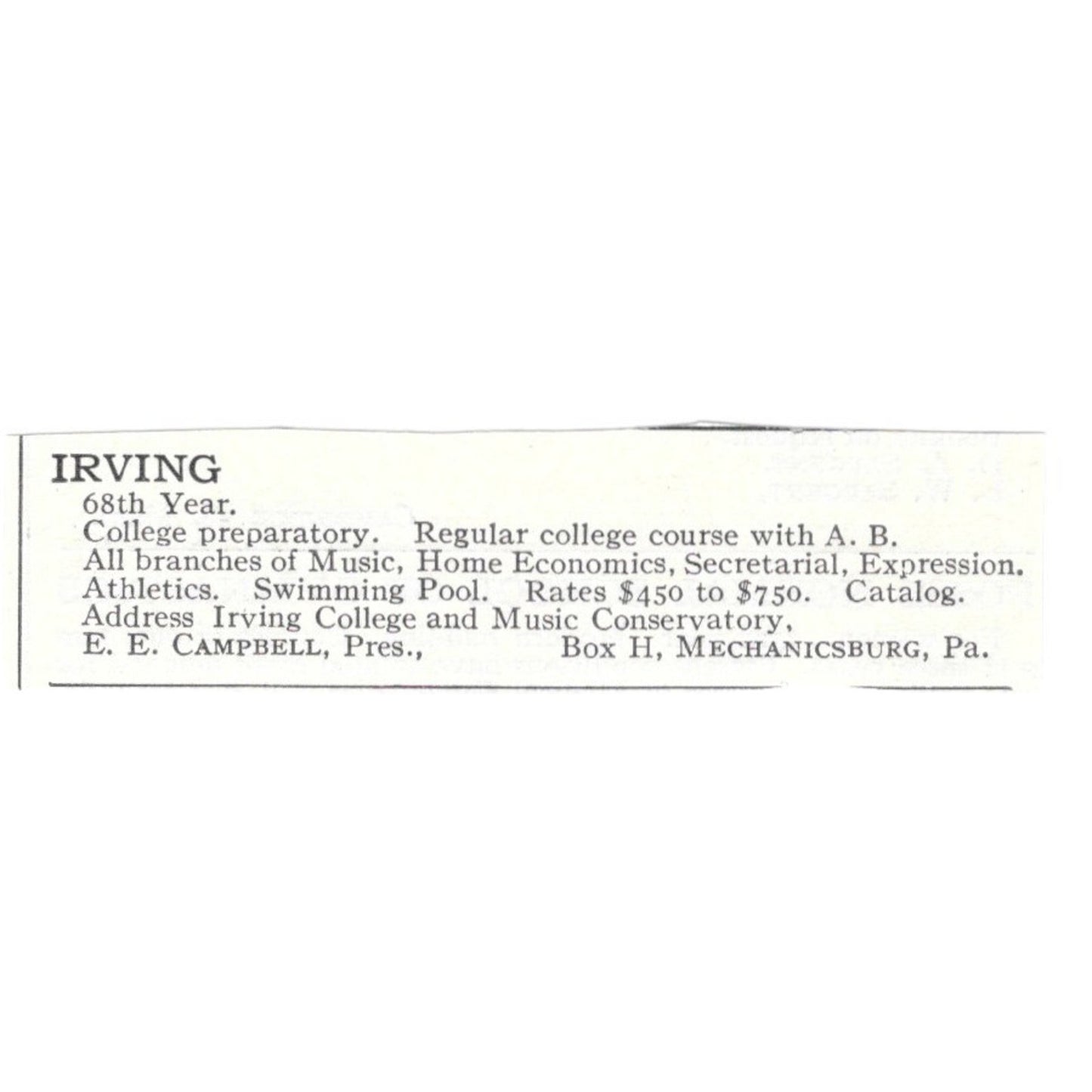 Irving College And Music Conservatory Mechanicsburg PA Campbell c1920 Ad AG4-S1