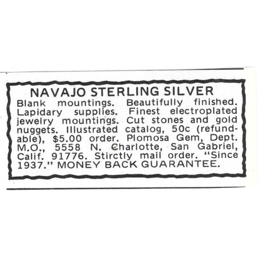 Plomosa Gem Navajo Sterling Silver San Gabriel CA 1971 Magazine Ad AD8-O3