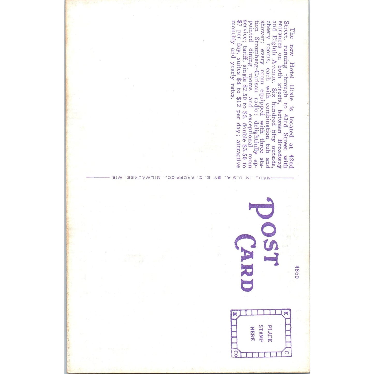 The Dixie Hotel New York City 42nd St. Vintage Postcard PC8