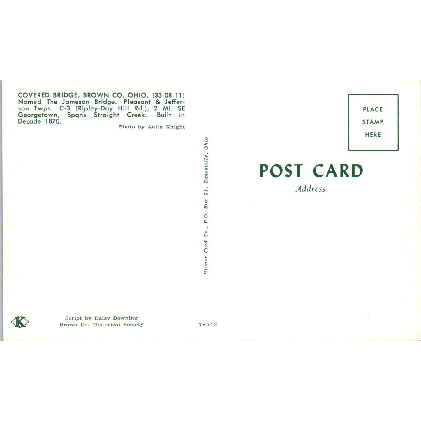 Jameson Bridge Brown County Ohio 33-08-11 Covered Bridge Postcard PB11