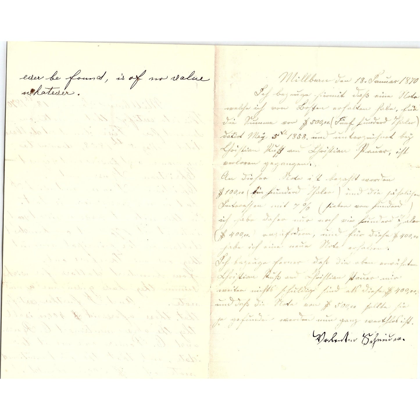 1870 Handwritten Letter Millburn NJ Christian Russ, Christian Pouser AF4-2