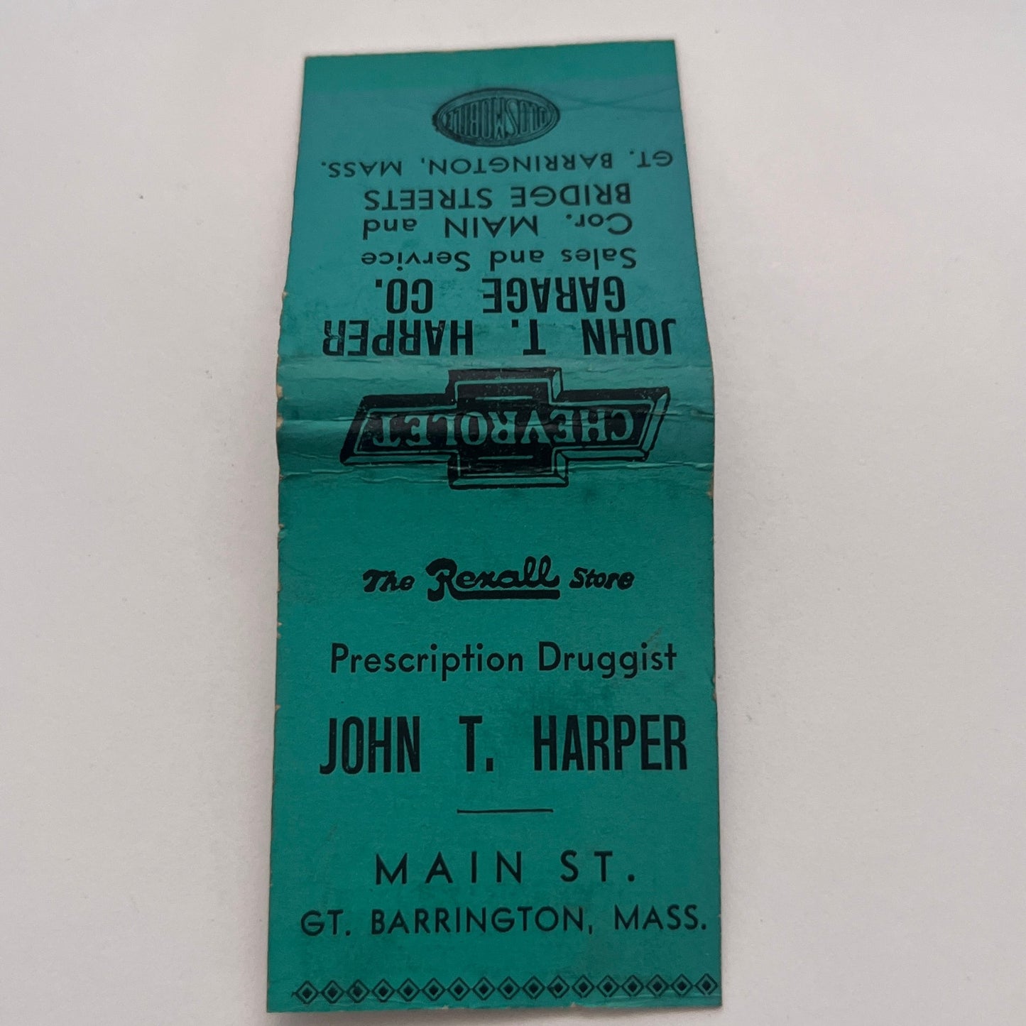 John T Harper Garage Co Chevrolet Gt. Barrington MA Vtg Matchbook Cover TB8-MB-3
