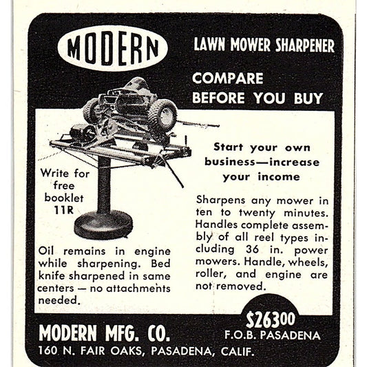 Modern Mfg Co Lawn Mower Sharpener Pasadena CA 1955 Ad AF9-M4