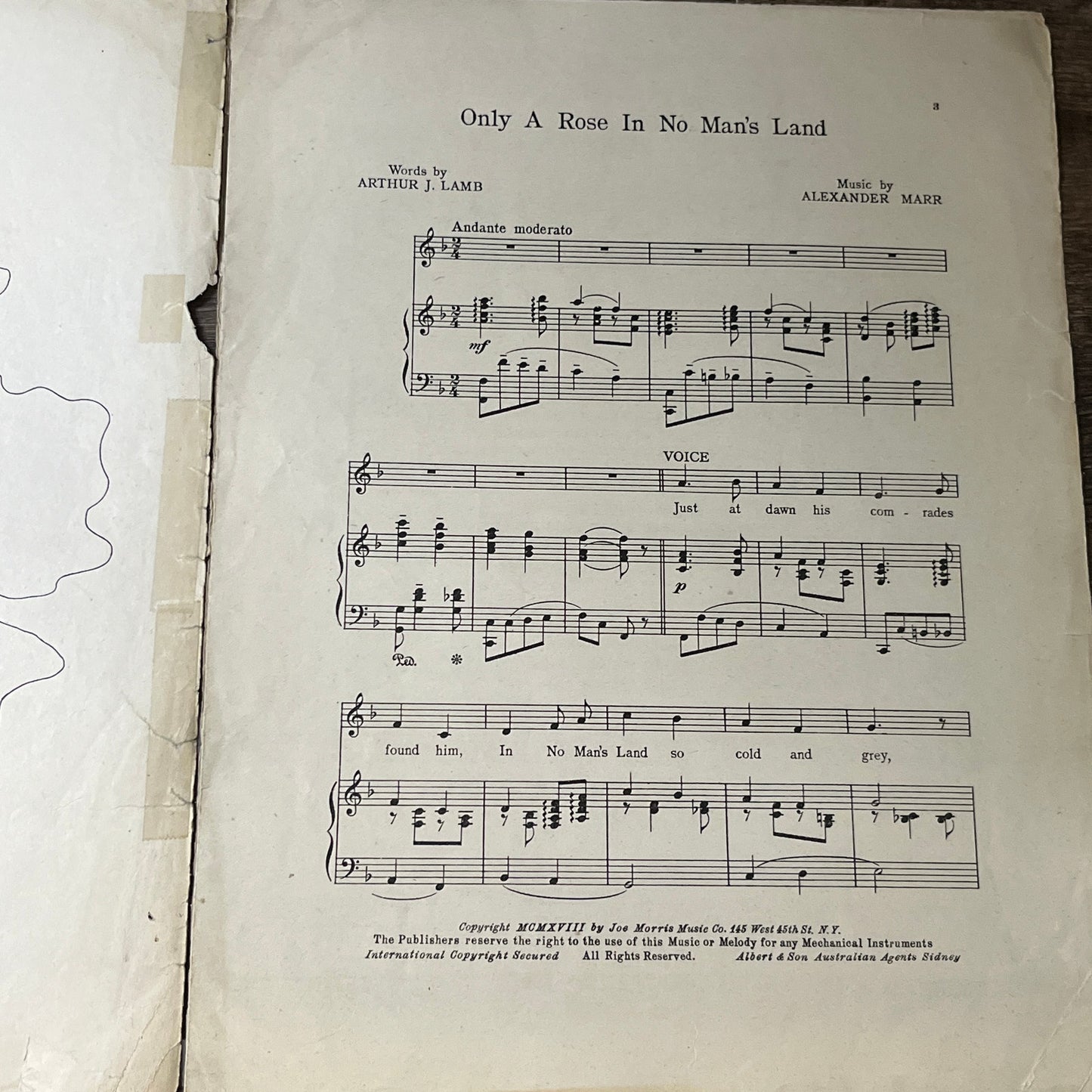 Only a Rose in No Man's Land Arthur J Lamb Alexander Marr 1918 Sheet Music V13