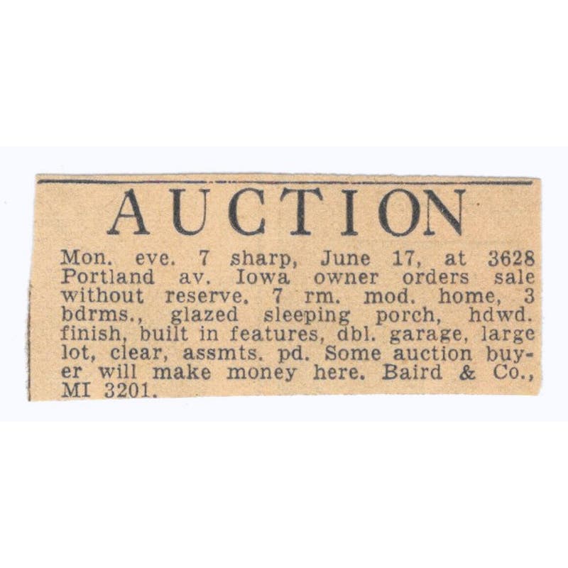 Baird & Co Auction Portland Ave 1935 Minneapolis Journal Advertisement AE7-H3