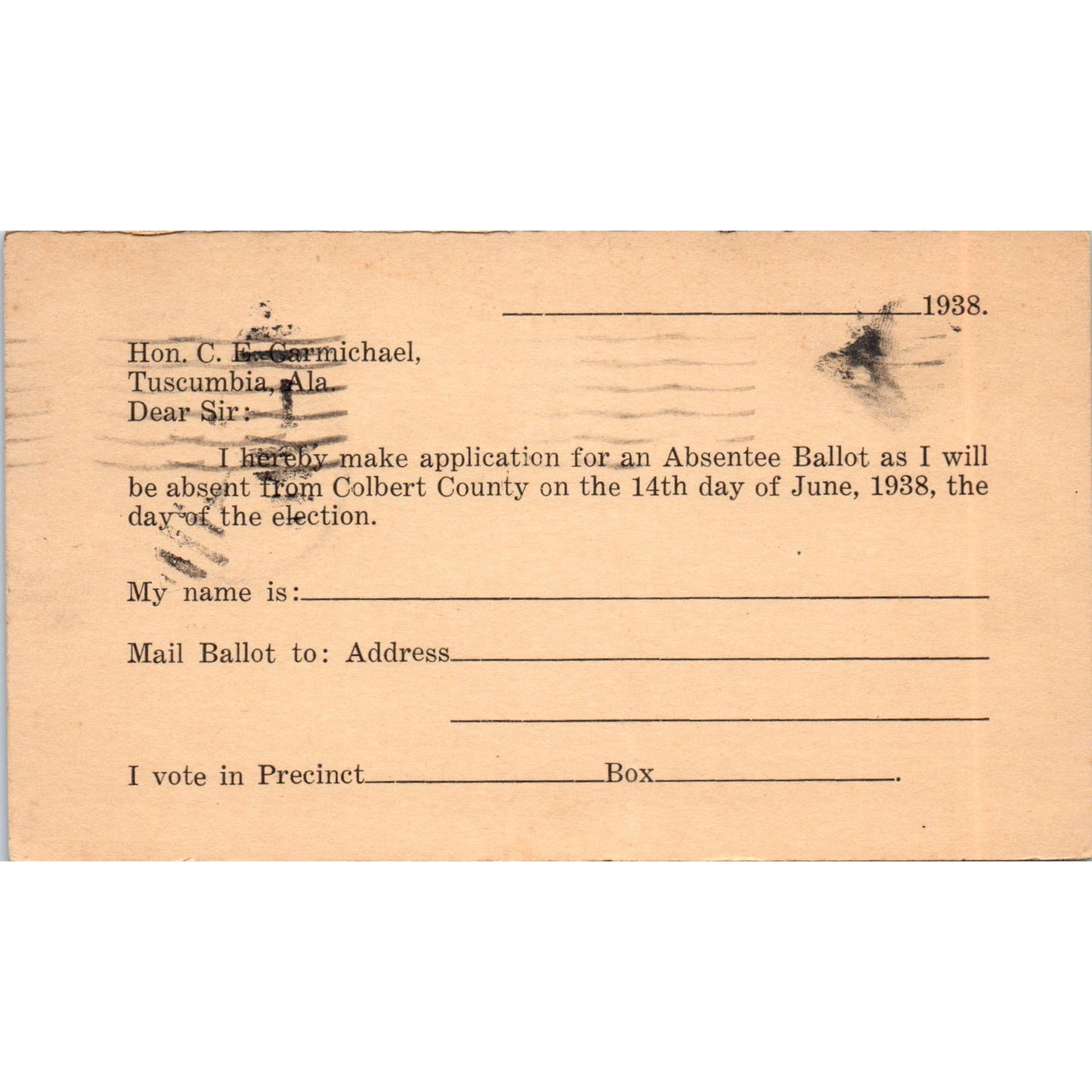 1938 Hon C.E. Carmichael Tuscumbia AL Absentee Ballot Request Postal Card PE7