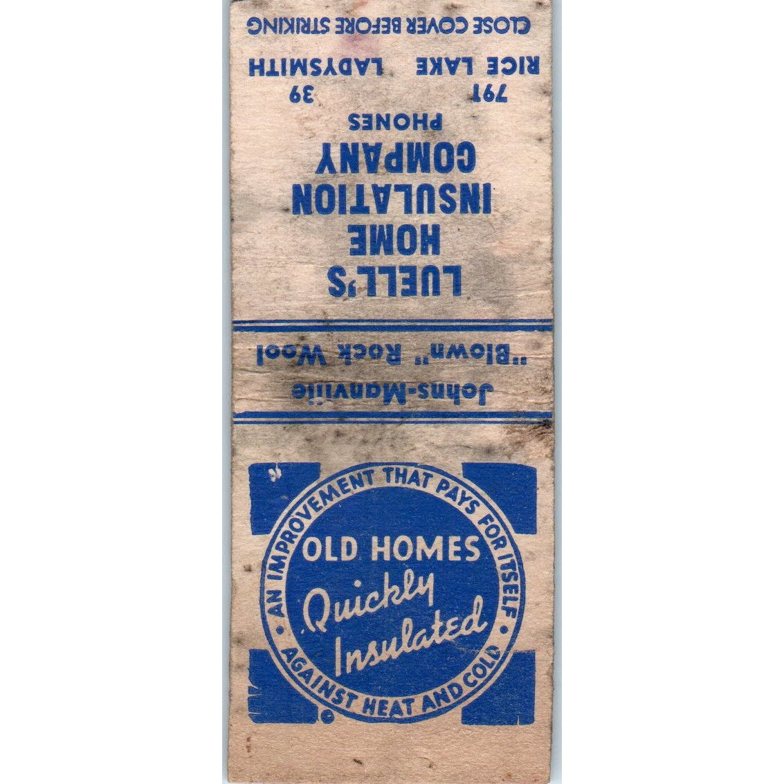 Luell's Home Insulation Company Rice Lake Ladysmith WI Vintage Matchbook SD4-Y15