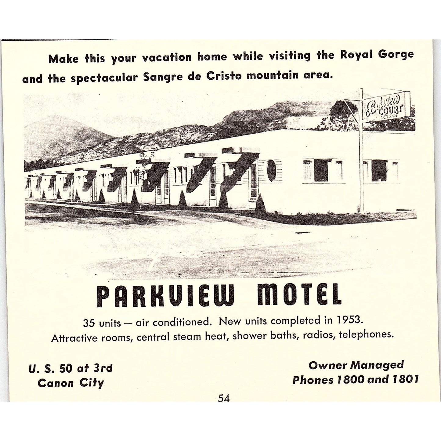 Park Lane Motel, Parkview Motel Canon City CO 1958 Ad AG1-H2