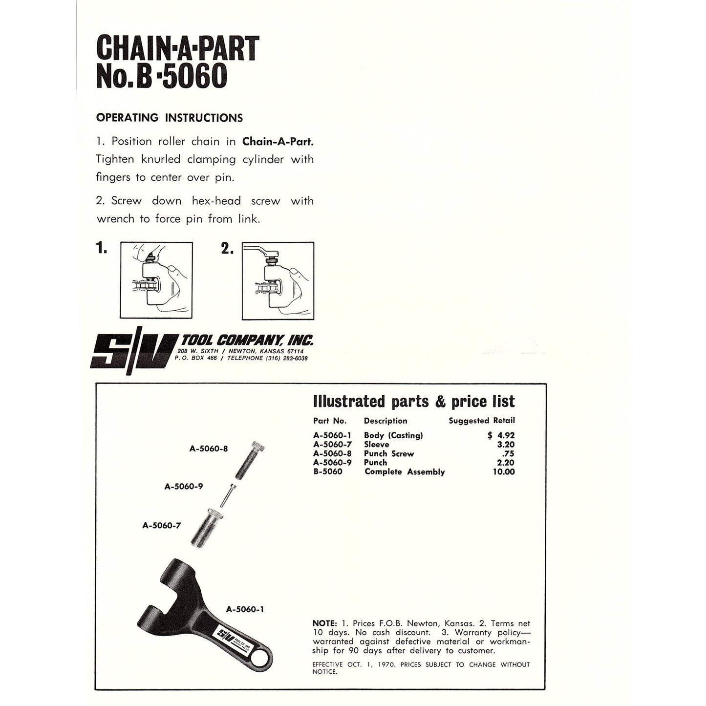 Chain-A-Part No. B-5060 Instructions S/V Tool Co Newton KS AG5-1